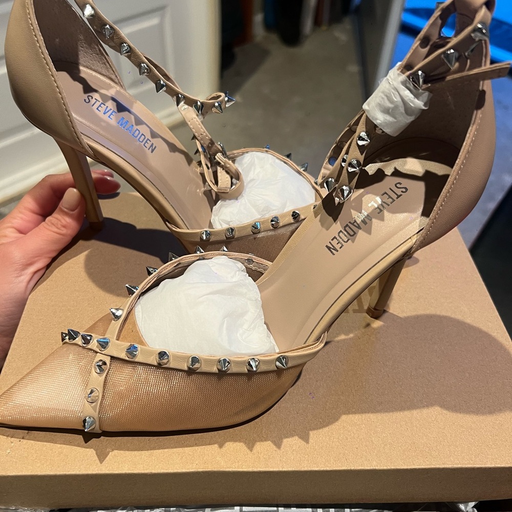 Steve Madden Tan Studded Heels with Ankle Straps
